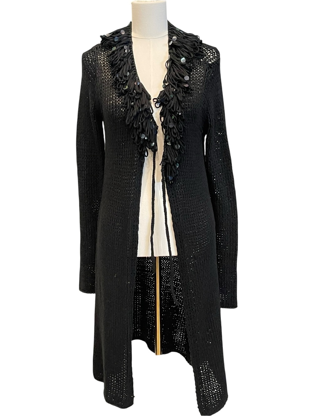 Vintage Betsey Johnson Black Open-Front Cardigan Sweater Decorative Trim acrylic